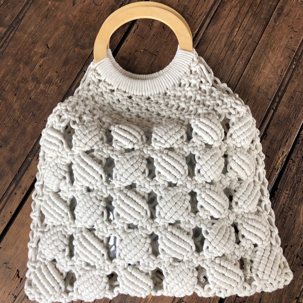 Handcrafted Cream Macramé Tote with Wooden Handles